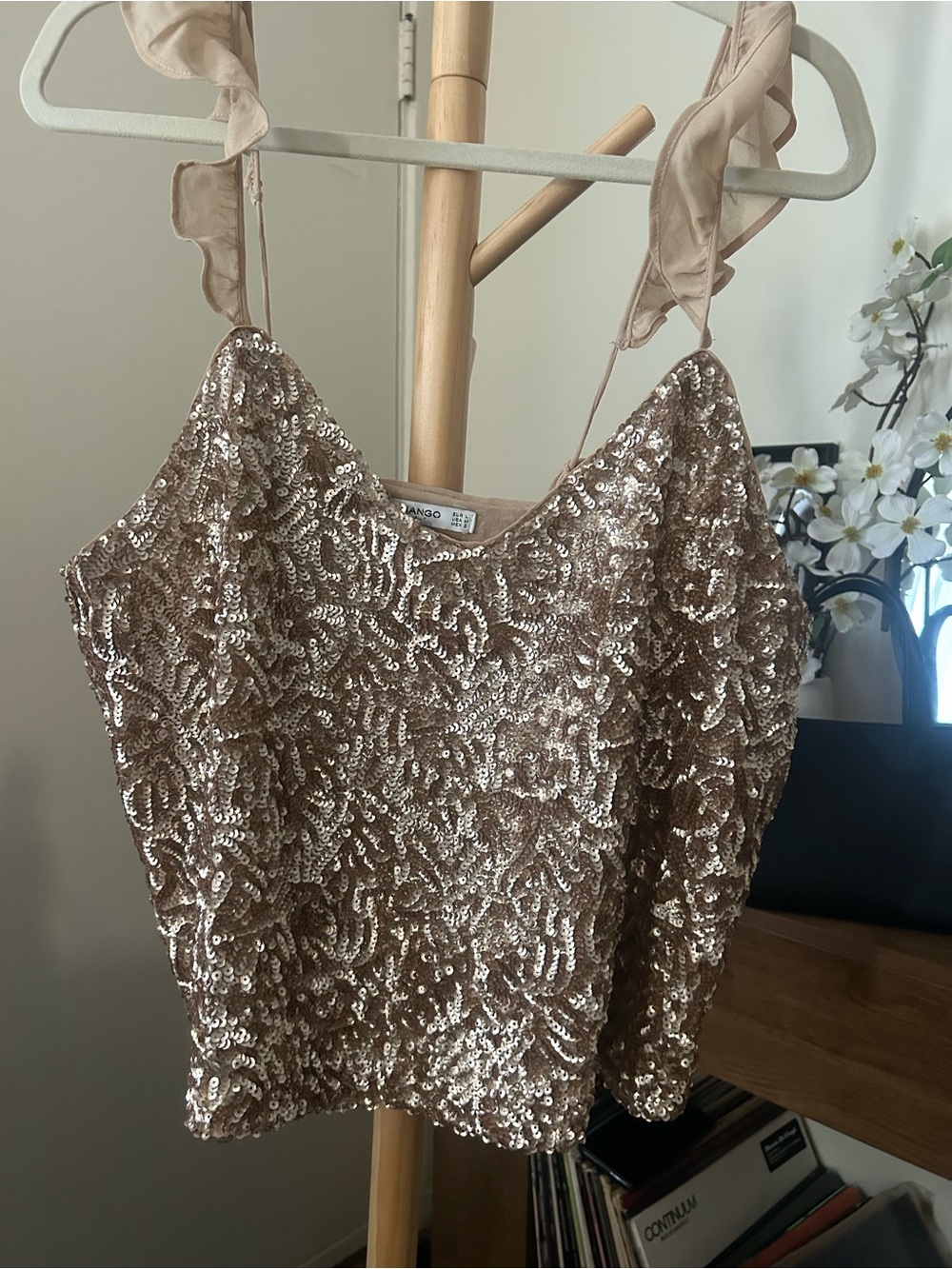 Mango Rose Gold Sequin Cami with Ruffle Ties